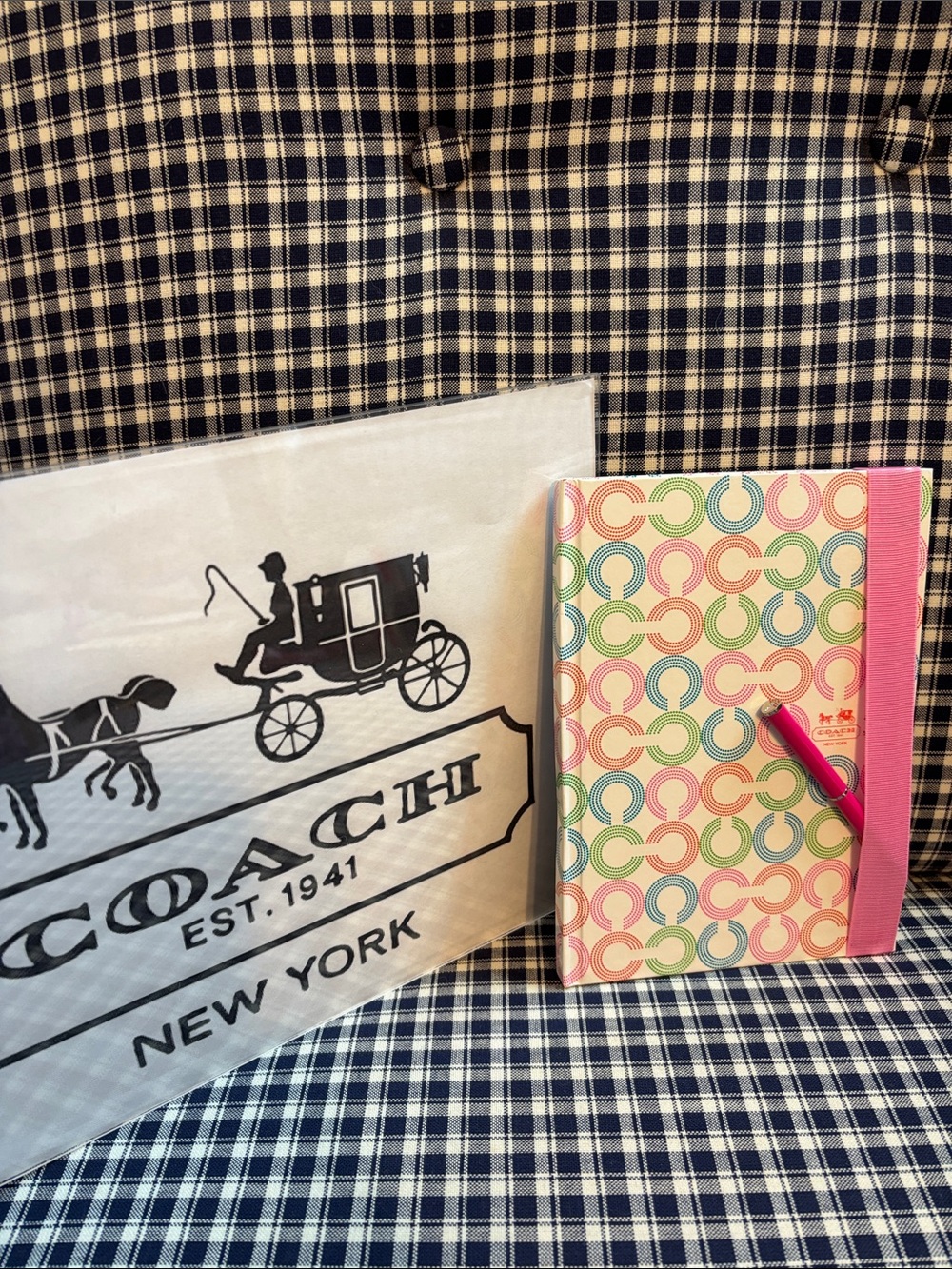 Coach Multicolor Signature Circle Journal with Pink Trim and Coach branded pen